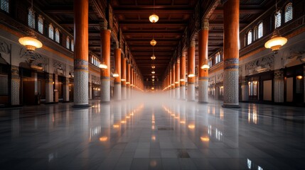 Naklejka premium A serene oriental spa features a large thermal pool surrounded by detailed tiled columns, with soft steam rising and lanterns providing a peaceful glow, inviting relaxation