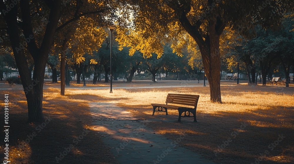 Sticker A single wooden bench sits on a path in a park, bathed in golden sunlight filtering through the trees.