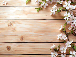  Spring wooden background with white blossom border on a wood table top, top view, mockup template