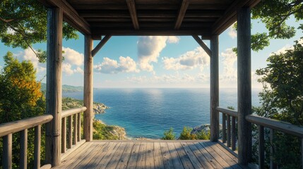 A wooden lookout offering a panoramic ocean view, with the coastline and distant hills only visible on the sides