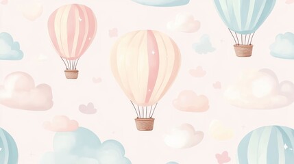 Pastel hot air balloons and clouds pattern