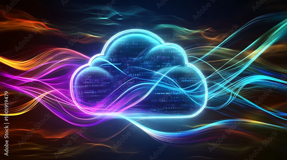 Poster a glowing cloud icon with digital code inside, surrounded by colorful abstract waves.