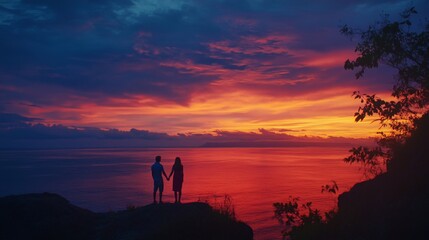 Standing on a cliff, a couple enjoys a beautiful sunset over the ocean while holding hands, surrounded by a tranquil and colorful sky