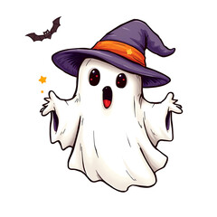 Cute cartoon ghost wearing a witch hat for Halloween