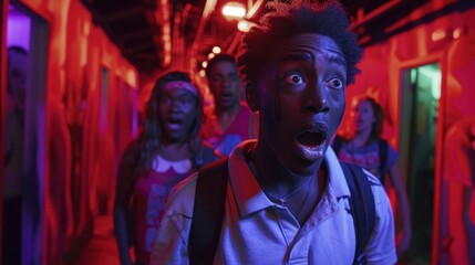 Obraz premium Haunted House: A dark, thrilling attraction where eerie sounds and animatronic ghosts create an immersive experience filled with jump scares and chills. 