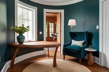 Artistic Interior Design with Curved Wooden Table and Dark Teal Armchair in Cozy Nook