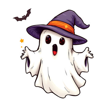 recommend clip art: Cute cartoon ghost wearing a witch hat for Halloween