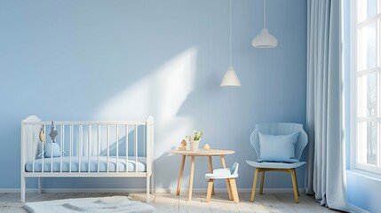 Blue baby room with small table chairs and cot