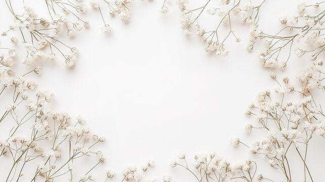A high-resolution and intricately detailed rectangular wedding invitation frame, elegantly adorned with gypsophila flowers in soft beige and white hues. This floral border creates a delicate and roman
