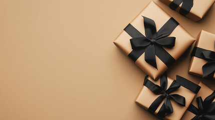 Black friday concept, gift boxes with black ribbon on creamy  background