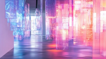 Naklejka premium Abstract Installation of Hanging Glass Panels with Pink and Blue Iridescent Light