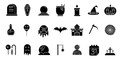 HALLOWEEN - thin line vector icon set. Pixel perfect. Editable stroke. The set contains icons: Halloween, Pumpkin, Vampire, Cemetery, Skull, Ghost, Potion, Spider, Zombie Hand.