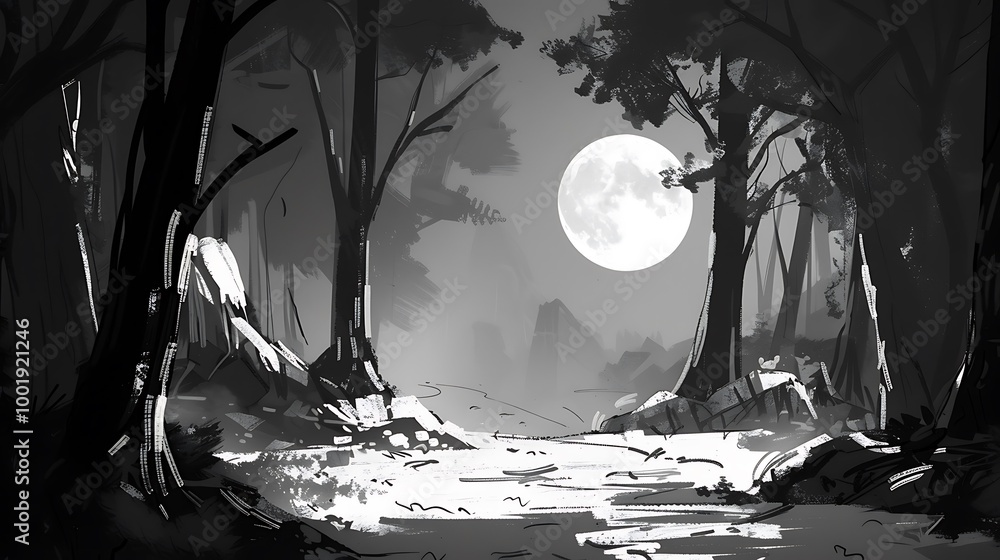 Poster black white sketch depicting a mysterious moonlit forest with towering trees and a path leading into