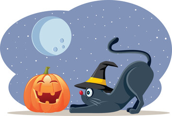 Halloween Cat Next to Jack O Lantern Decoration Vector Cartoon. Funny black cat celebrating Halloween in a costume 
