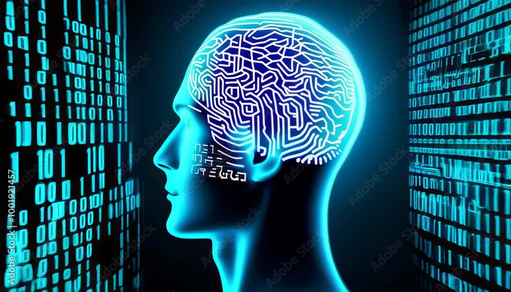 Aufkleber a human head with a glowing circuit board pattern inside, representing the connection between techno