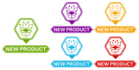 set new product sticker sign. product release label symbol template vector illustration	

