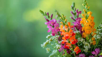 Bright bouquet of snapdragons on green background