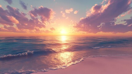 Fototapeta premium Sunset over an untouched beach, vibrant colors in the sky reflecting on the water