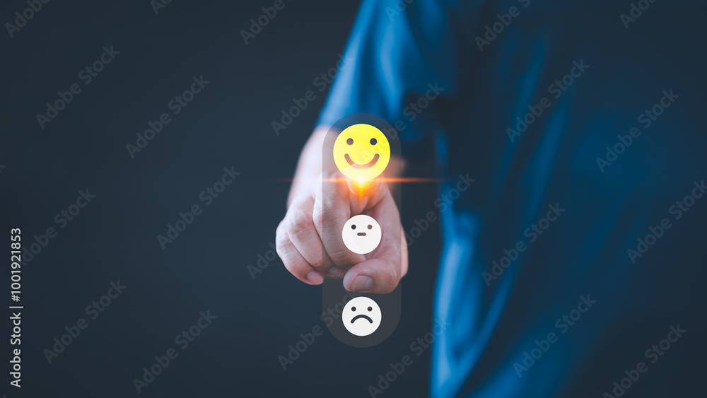 Aufkleber person selects a happy face icon from a feedback scale with three emoji options, symbolizing custome