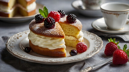 Classic Victoria Sponge Cake with Layers of Sweet Jam and Cream, Perfect Dessert for Tea Time, Celebrations, and Traditional British Baking Lovers