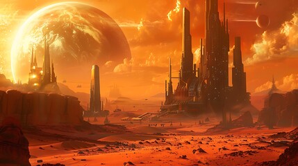 Futuristic city with towering skyscrapers stands on a desolate alien planet with an orange sky and a large sun-like orb in the distance.