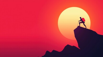A climber ascending a steep rock face silhouetted against a vibrant sunset in a minimalistic style