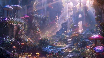 Magical forest with a mystical path leading to a gateway surrounded by glowing mushrooms and vibrant flowers.