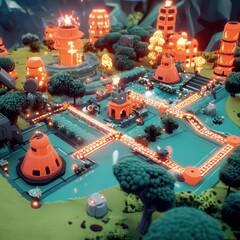 Obraz premium Miniature Model of a Futuristic City with Glowing Structures and Pathways