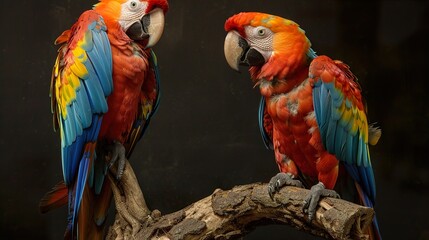 Obraz premium Vibrant Macaw Parrots Perched on a Branch