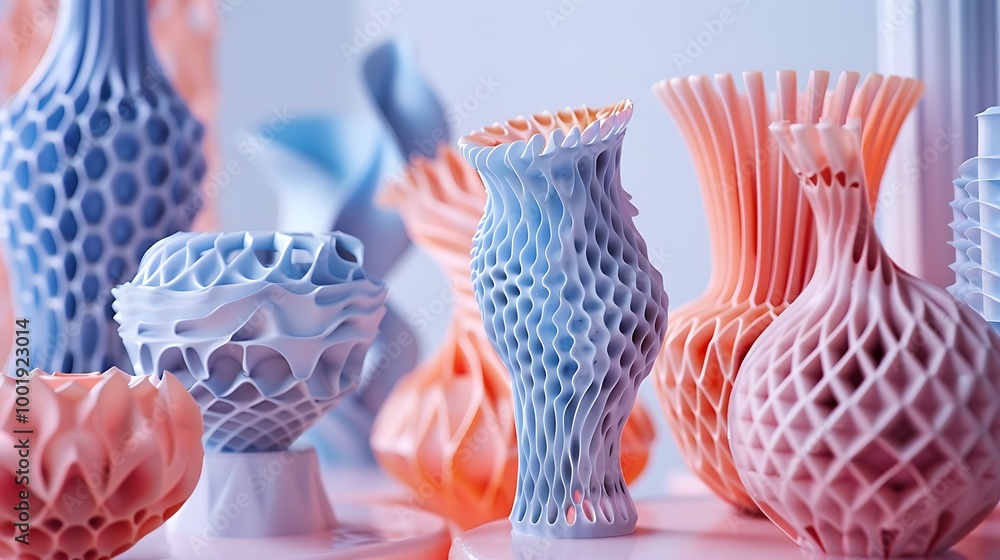 Poster close-up view of a group of abstract 3d rendered vases with intricate geometric patterns in pastel b