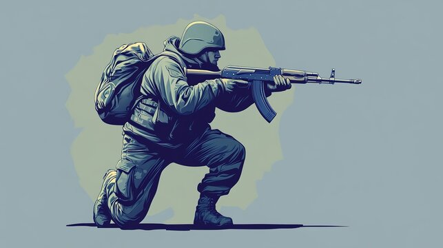 recommend clip art: A modern Russian soldier depicted in a full-length, flat silhouette, standing confidently with a Kalashnikov rifle at the ready. The soldier is portrayed in a dynamic posture, showcasing the strength 