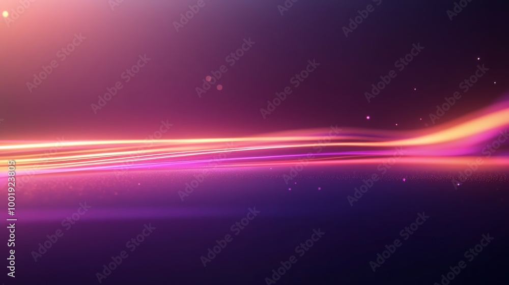 Poster glowing neon lines form wavy shapes across a smooth metallic surface, creating a vibrant and abstrac