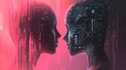 Two Digital Heads Facing Each Other Against a Pink Background