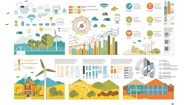 Colorful infographic depicting green energy solutions with showcasing wind turbines solar panels and data visualizations for renewable energy sustainability and eco technology concept.