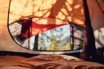 empty surface of sleeping bag in the camping tent