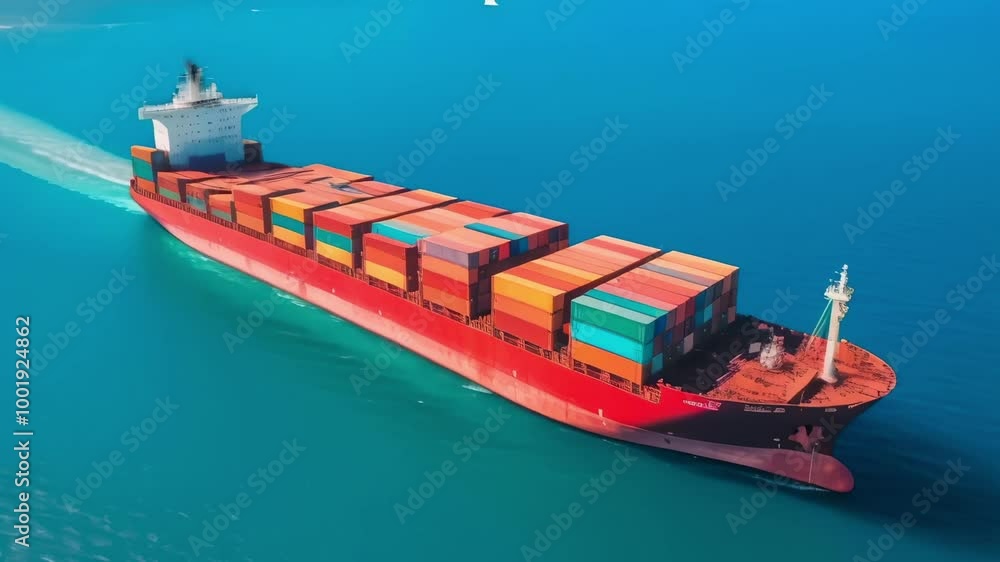 Poster massive container ship cruises across the deep blue sea on a sunny day, creating waves behind it. th