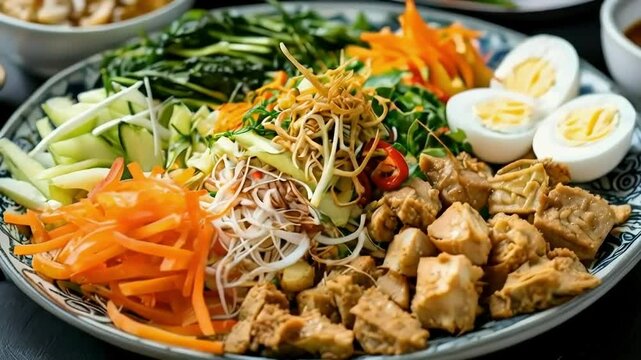 Delicious and Healthy Salad with Chicken, Carrots, Cucumber, and Bean Sprouts