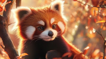 Obraz premium Adorable red panda resting on a tree branch in a lush forest. The red panda’s reddish-brown fur, bushy tail, and curious expression highlight the cuteness and unique characteristics 