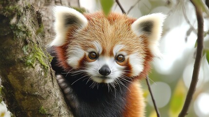 Naklejka premium Adorable red panda resting on a tree branch in a lush forest. The red panda’s reddish-brown fur, bushy tail, and curious expression highlight the cuteness and unique characteristics 