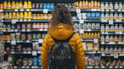 Person browsing condiments in grocery store aisle