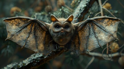 Obraz premium A Close-Up Portrait of a Bat with Wings Spread