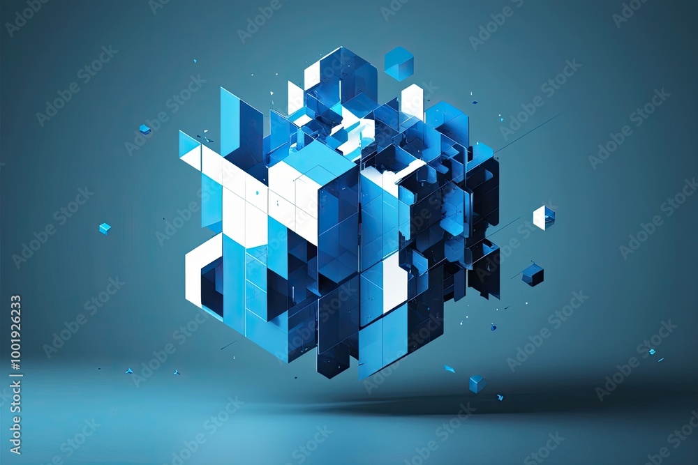 Poster futuristic 3d analysis of dynamic fragmented blue geometric cube design
