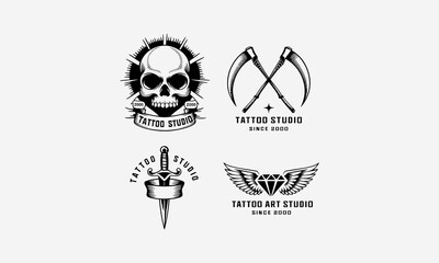 Collection of tattoo studio logos featuring various designs.