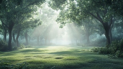 Fototapeta premium A foggy morning in a serene forest, with light softly filtering through the trees