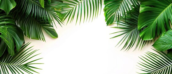 Lush green tropical leaves create a vibrant frame against a clean white background.