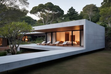 Obraz premium Eco-Friendly Concrete Resort with Sustainable Architecture and Tranquil Design
