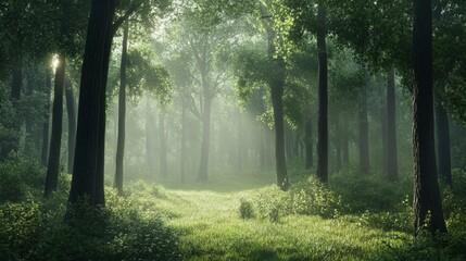 A misty forest scene at daybreak, with diffused light gently filtering through the thick canopy