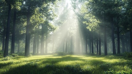 Fototapeta premium A misty forest at dawn, with soft rays of sunlight gently filtering through the thick canopy