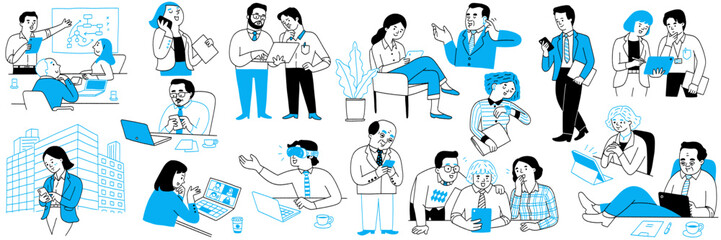 Cute character illustration doodles of business people using gadgets while working and communicating. Outline, thin line art, linear, hand drawn sketch design, simple style.