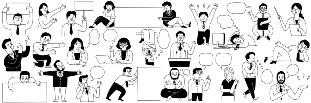 Cute character illustration doodles of businespeople, man and woman, pointing, presenting with copy space and speech bubbles. Outline, linear, thin line art, black and white ink style.